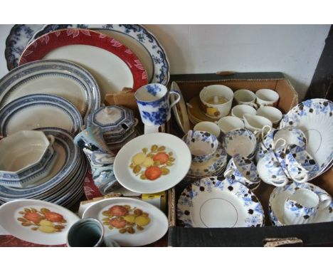 A collection of late Victorian tea wares of fluted form with blue, black and gilt decoration including milk jug, sugar bowl, 