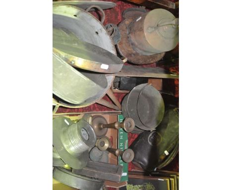 A collection of vintage domestic and other metal wares to include a heavy cast brass public house Vesta strike, 19th century 