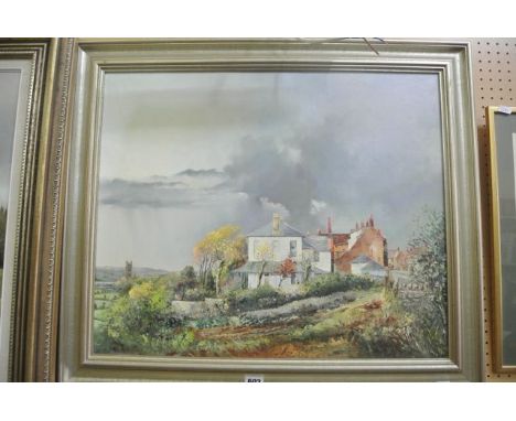 An oil painting on canvas by W E Phillips showing a view at Thornbury looking towards the river, with distant church and whit