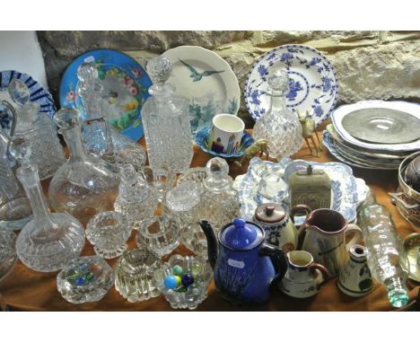 A selection of pressed glass salts with moulded decoration, a Mdina Art Glass top hat shaped vase with disk shaped rim and et