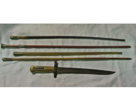 A French 1866 sabre bayonet (incomplete) together with a swagger stick with the Queen's own Royal West Regiment mount, a furt