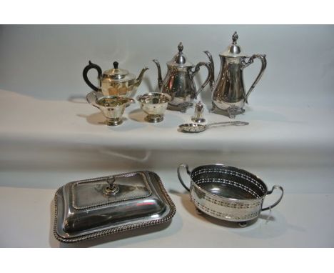 A vintage three piece plated tea set to include a teapot with Bakelite finial handle to the hinged lid and similar composite 