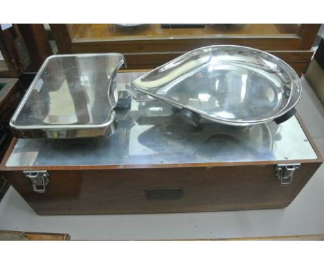 A set of balance scales set within a mahogany case with chrome fittings by Avery de Grave to weigh 20lbs number 6144 City & C