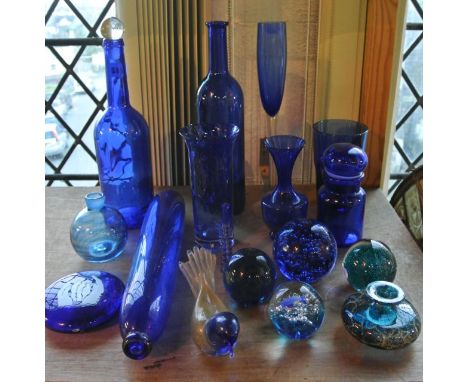 A selection of cobalt and other blue glass effects to include a tall cylindrical oil bottle, a further similar example with m