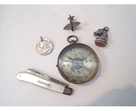 Mother of pearl fruit knife with silver blade, vintage compass, horse head and agate seal, etc