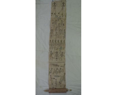 An unusual paper scroll mounted onto fabric with painted decoration of ethnic characters hunting, tending animals, etc, with 