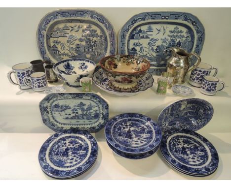 A collection of 19th century and other blue and white wares including a set of Ashworth dessert wares with chinoiserie decora
