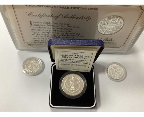 Collection Of Four Silver Coins, including s Royal Mint 1991 Falkland Islands silver proof £2, two Niue 1992 5 Dollars and a 