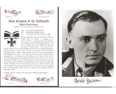 Paul Zorner KC OL WW2 Luftwaffe fighter ace signed 6 x 4 b/w portrait photo. Only 210 signed, numbered and certified on rever