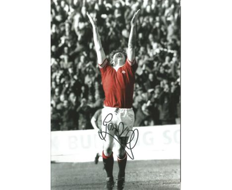 Football Gordon Hill 12x8 signed colour enhanced photo in action for Manchester United. Gordon Alec Hill (born 1 April 1954) 