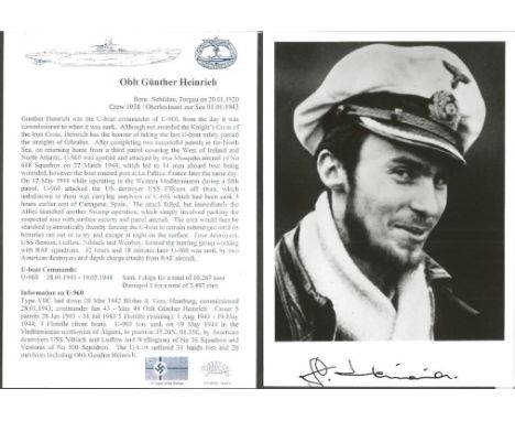 Gunter Heinrich WW2 U Boat commander signed 6 x 4 b/w portrait photo. Only 150 signed, numbered and certified on reverse. Com