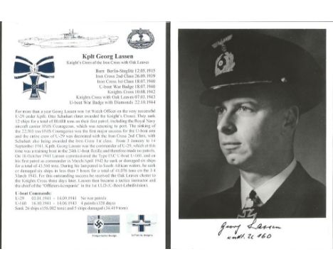 Gerog Lassen WW2 U Boat commander signed 6 x 4 b/w portrait photo. Only 150 signed, numbered and certified on reverse. Comes 