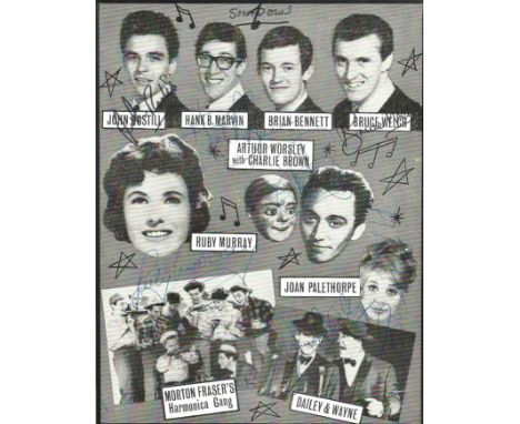 The Shadows John Rostill, Hank Marvin, Brian Bennett, Bruce Welsh, Ruby Murray signed music show promo page. Good Condition. 