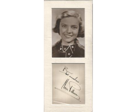 Nova Pilbeam signature piece mounted below vintage photo.  Approx. overall size 8x5. Good Condition. All signed items come wi
