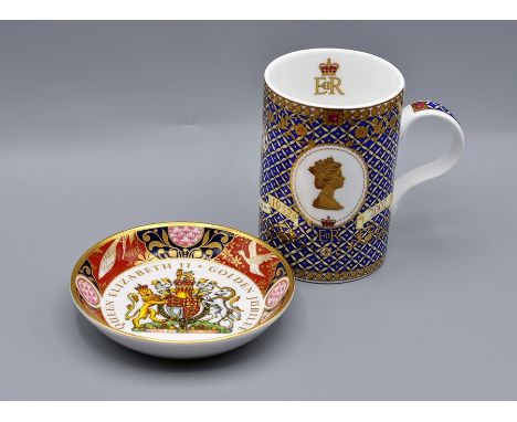 Royal Worcester Queen Elizabeth II Golden Jubilee porcelain coaster and a James Sadler golden Jubilee cedar fine bone china m