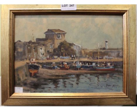 John Neale "Mevagissey Harbour" oil painting on board, signed 19cm x 27cm, gilt framed  Condition: condition good, might bene