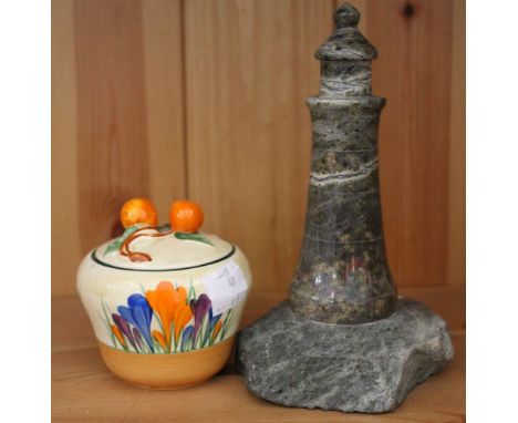 Clarice Cliff crocus pattern marmalade pot together with a soapstone lighthouse ornament