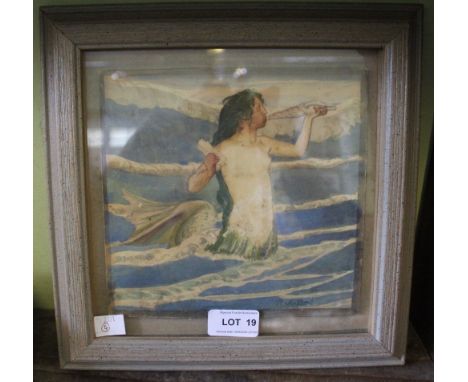 A watercolour painting of a mermaid, blowing a conch shell, inscribed R A Bell bottom right, 17cm x 18cm, framed