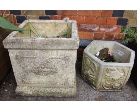 A substantial square cast garden planter, together with a hexagonal planter