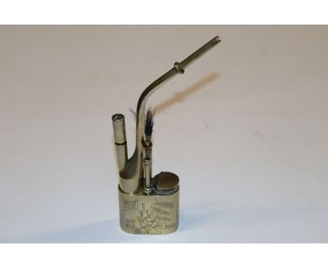 A 19th Century decorated opium water pipe and tools 