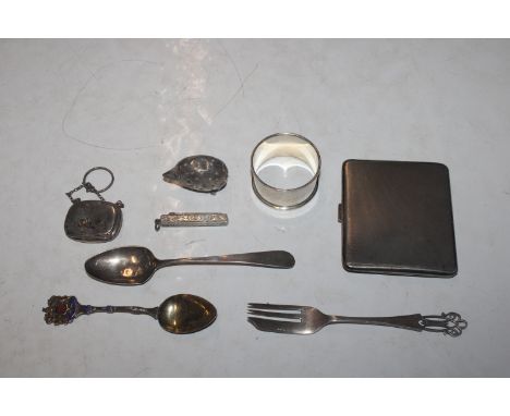 A silver cigarette case; a silver napkin ring; a silver snuff box; a silver fork and two silver spoons, approx. total weight 