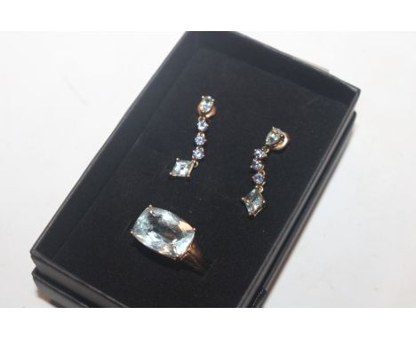 A 9ct gold ring set with topaz coloured stone, ring size L/M, approx. 3.2gms and a pair of similar 9ct gold drop ear-rings se