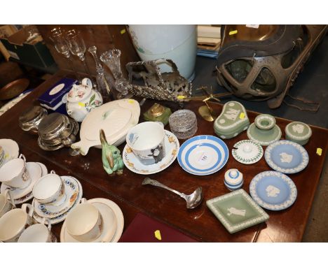 Various Wedgwood Jasperware items; a plated sauce ladle; a Sylvac style rabbit; fish tureen; glass and plated ware etc. 