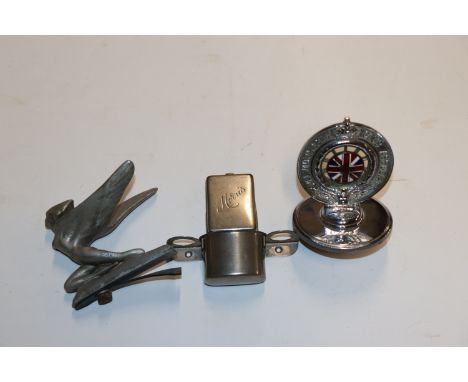 A Royal Automobile Club Associate radiator cap with badge; a Morris car ash tray with matchbook case; and a car mascot in the