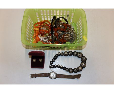 A box of costume jewellery to include bead necklaces, bangles, Timex wrist watch etc.