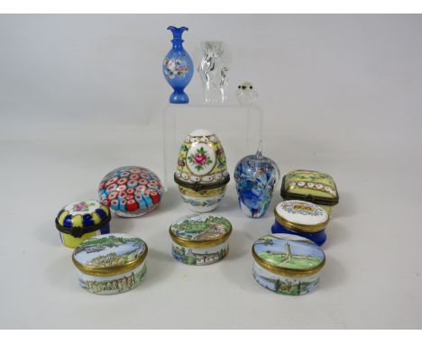 Selection of enamel pill boxes and glass paperweights etc including 3 Rare Crummles pill boxes.