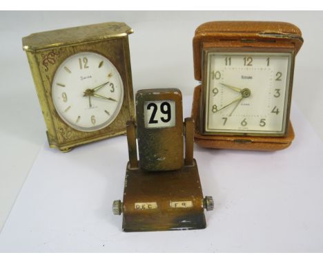 Vintage Perpetual calendar, travel alarm clock and small mantle clock.