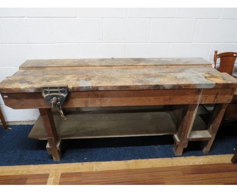 Vintage Timber made workbench with Record Vice fitted.  Handy shelf under  Measures  H:33 x W:72 xc D:24 Inches.   S2