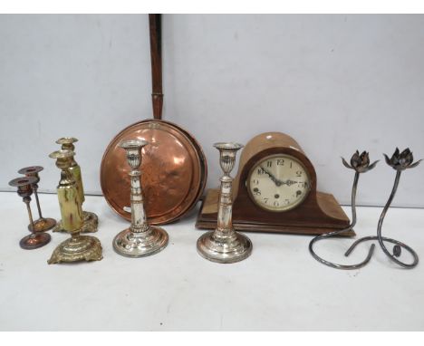Mixed lot to include candlesticks, copper ben pan and a wooden mantle clock for spares or repair.
