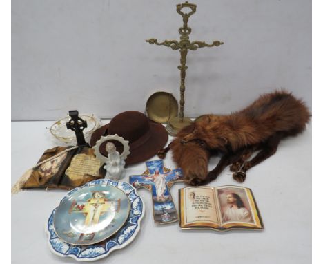 Mixed lot including a fox stole, religious plates, Nao figurine etc.