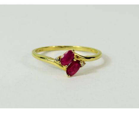 9ct Twin Ruby  &amp; Two small Diamond set ring.   Finger size T-5  1.7g
