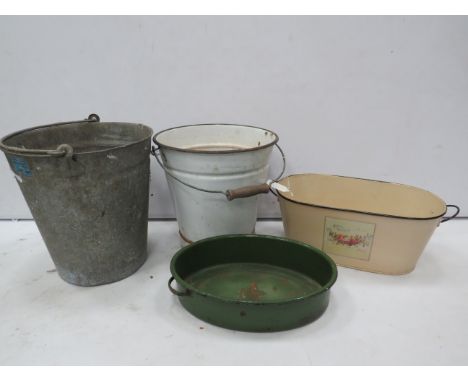 Enamel and aluminium buckets, planter and a pan.