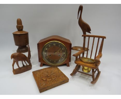 Mixed woodenware lot including a Smiths mantle clock, mini rocking chair etc.