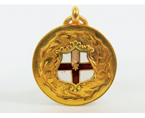 9ct Gold and Enamel Football fob. Decorated with Enamel Cross of St George. Stamped 375 to link and back of fob.  Total weigh