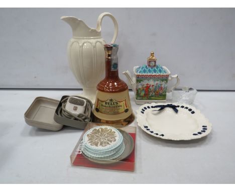 Mixed ceramics lot including a full Wade bells whiskey decanter, Sadler teapot, Creamware etc.