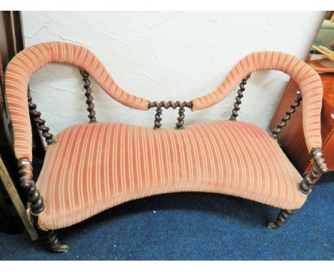 19th Century Concave fronted Couples twin seat settee with two raised backrests showing spiral barley twist frame decorations