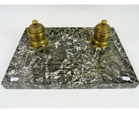 Large and heavy Boadroom Desk twin inkwell. Based on a thick (approx 2 inches) Marble base with grooved pen holders and twin 