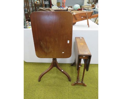 Two early 20th Century Tables.  One a handy Tilt top table with three bracket legs, turned central support in mahogany which 