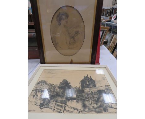 Framed pencil sketch and a print of a dutch village.