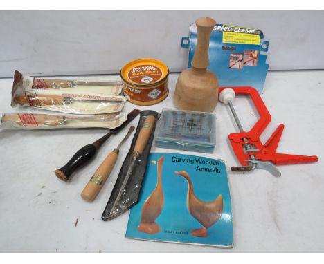 Selection of wood carving tools etc.