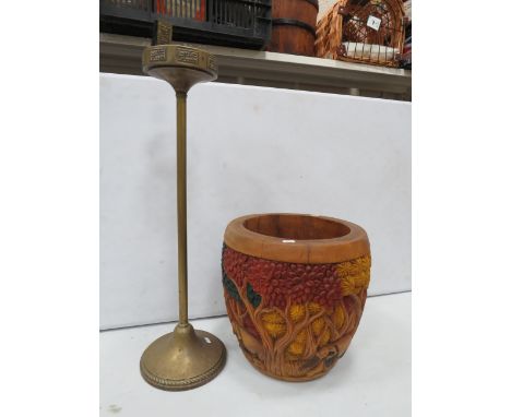 Large carved wooden planter 14"" tall 14"" diameter plus a tall brass ashtray.