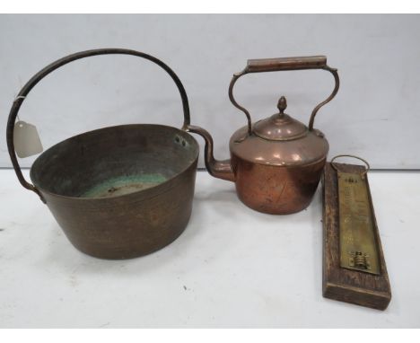 Brass jam pan , copper kettle and brass thermometer housing in wooden case.