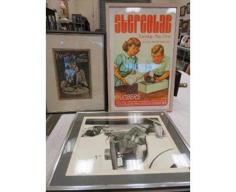 Framed Stereolab music concert poster signed by the artist, Framed art photograph and Framed Frys advertising print.