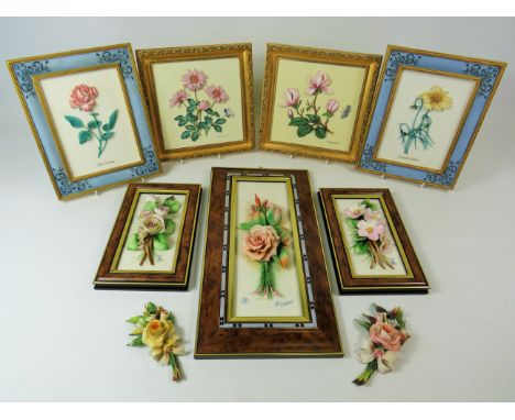 Four M&amp;S Hand painted resin wall plaques together with Framed Capodimonte floral displays.   See photos. 