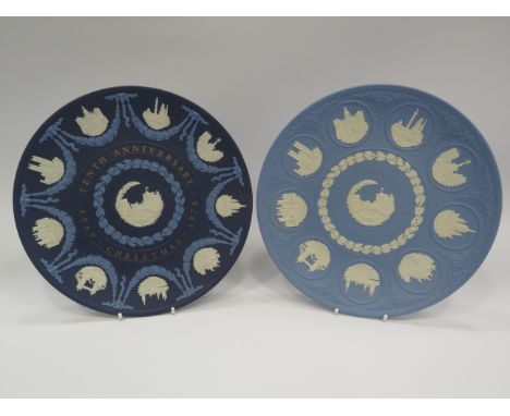 Rare tri coloured Wedgwood jasperware christmas anniversary plate plus the same plate in light blue.