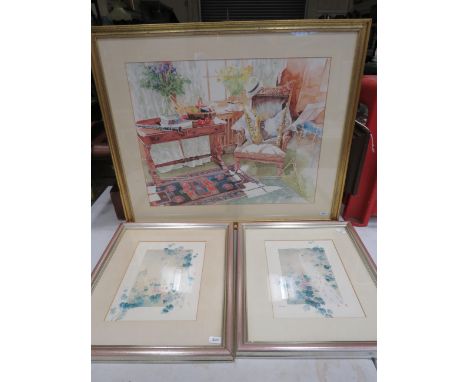 Framed print of a watercolour by Richard Akerman plus 2 small chinese white peacock prints.